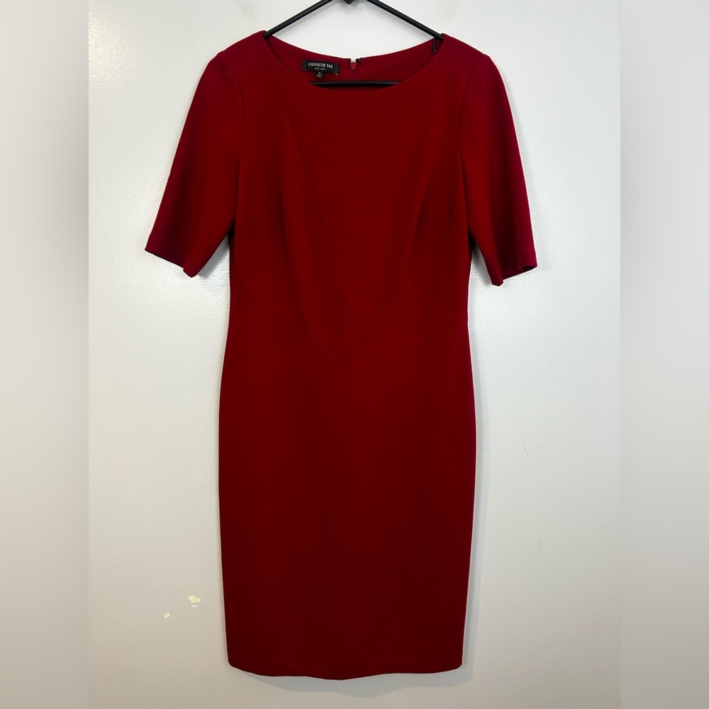Lafayette 148 Deep Red Short Sleeve Midi Classic Sheath Dress Size 6